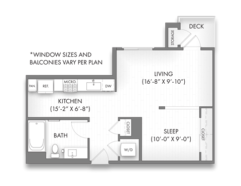 Floor plan for studio, 1 bath, 578 sqft